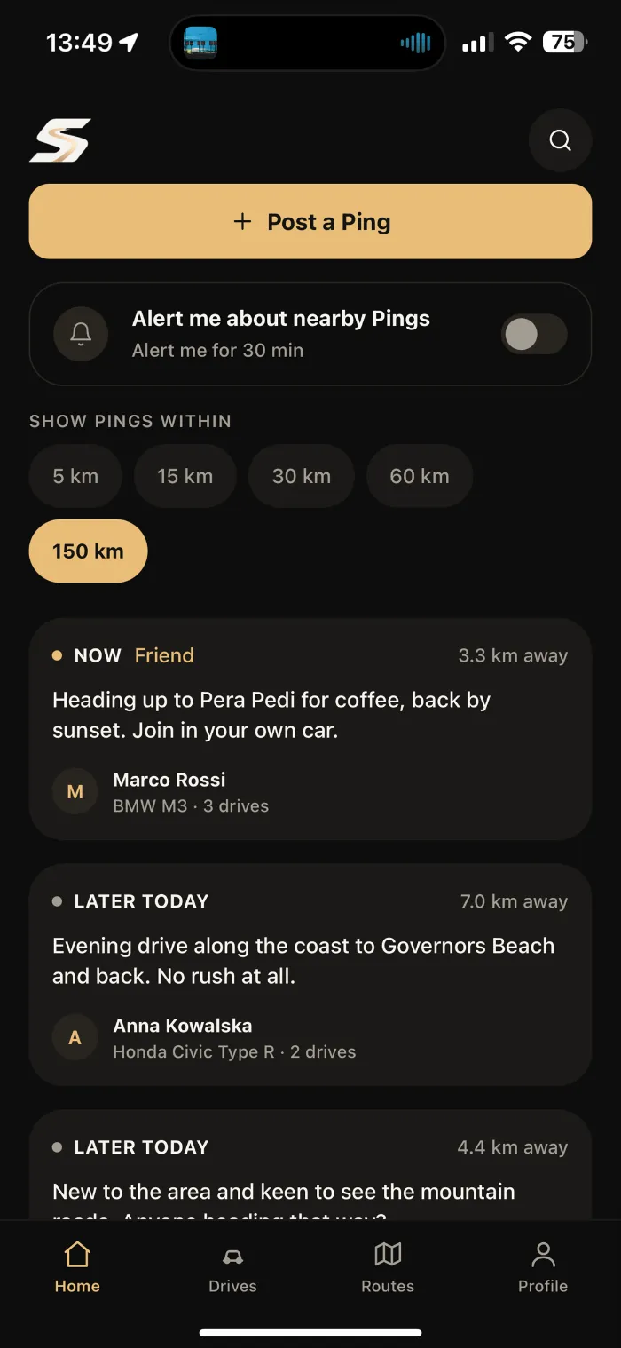Sarthe home screen: a Post a Ping button, distance filters and nearby Pings with how far away each is