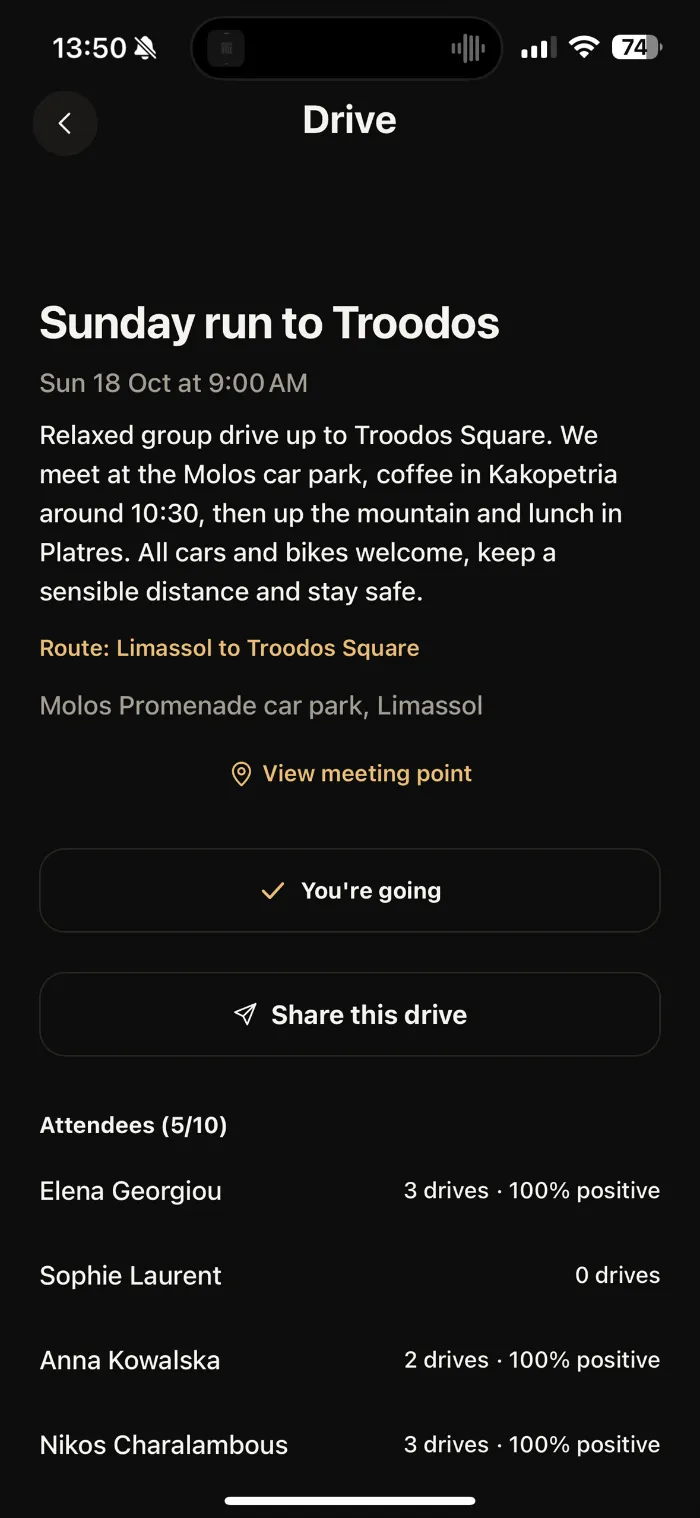 A scheduled drive in Sarthe: Sunday run to Troodos with meeting point, route and attendee list