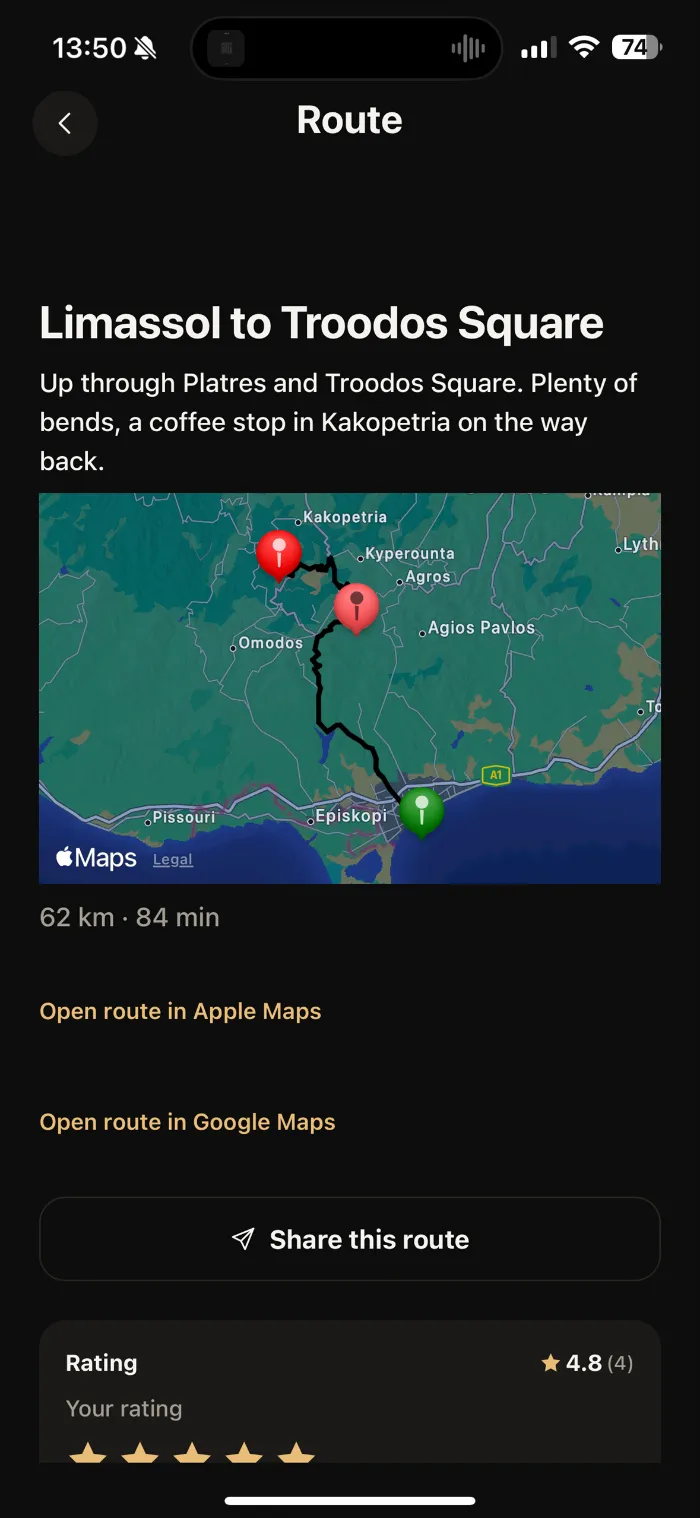 A route in Sarthe from Limassol to Troodos Square on a map, 62 km and 84 minutes, rated 4.8